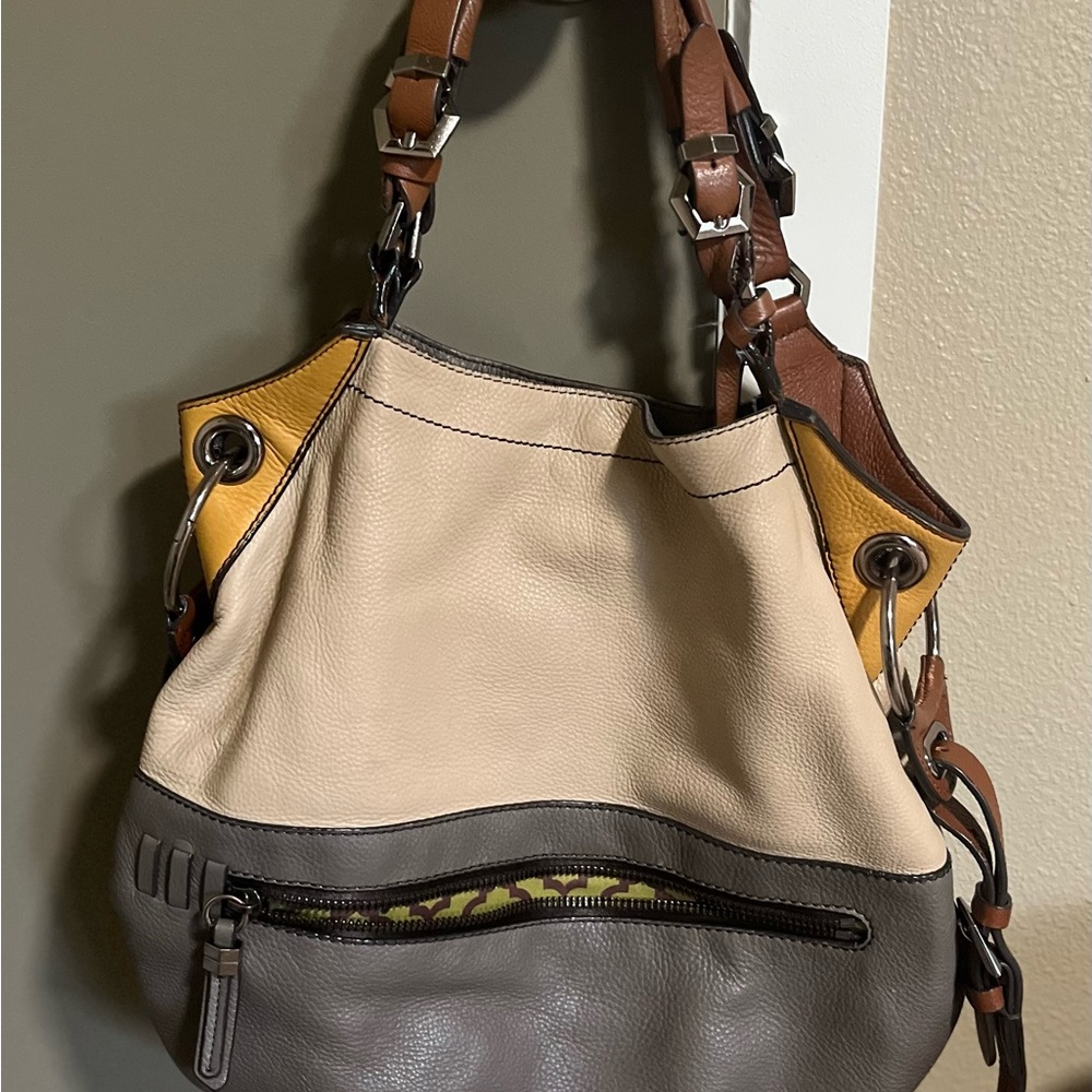 orYANY MULTI BEIGE GRAY GENUINE LEATHER MESSENGER X-BODY SHOULDER BAG HANDBAG.